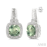 8x8 MM Cushion Shape Green Amethyst and 1/20 Ctw Round Cut Diamond Earrings in Sterling Silver