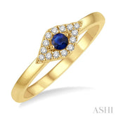 2.60 MM Round Shape Sapphire and 1/10 Ctw Evil Eye Petite Round Cut Diamond Precious Ring in 14K Yellow Gold