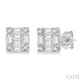 1/6 Ctw Square Shape Baguette and Round Cut Diamond Petite Fashion Earrings in 14K White Gold.