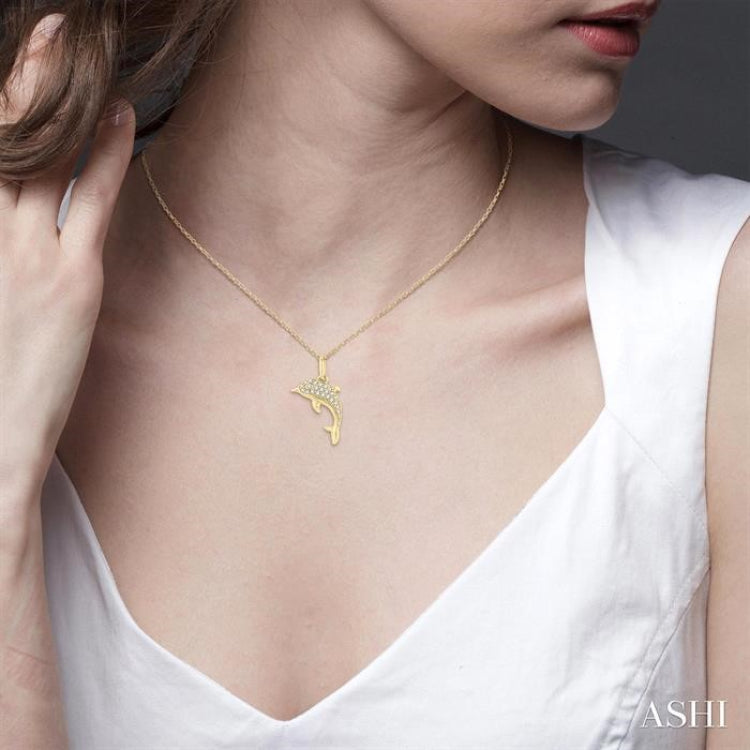 1/10 Ctw Petite Nautical Dolphin Round Cut Diamond Fashion Pendant With Chain in 10K Yellow Gold 1/10 Ctw Petite Nautical Dolphin Round Cut Diamond Fashion Pendant With Chain in 10K Yellow Gold