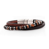 Brown Full Grain Cowhide Leather with Black Onyx,Tiger's Eye & Piccaso Jasper Stone Bead Multi-Strand Bracelet