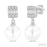 6 MM Cultured Pearls and 1/10 Ctw Baguette and Round Cut Diamond Earrings in 10K White Gold