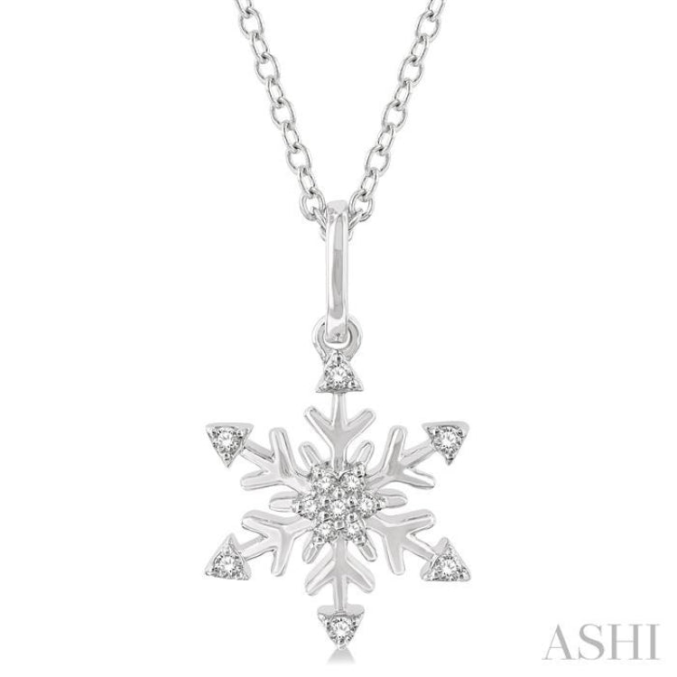 1/10 Ctw Petite Snowflake Round Cut Diamond Fashion Pendant With Chain in 10K White Gold 1/10 Ctw Petite Snowflake Round Cut Diamond Fashion Pendant With Chain in 10K White Gold