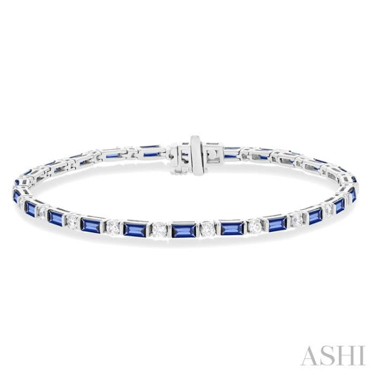 4X2 MM Baguette Cut Sapphire and 1 1/10 Ctw Art Deco Round Cut Diamond Precious Bracelet in 14K White Gold 4X2 MM Baguette Cut Sapphire and 1 1/10 Ctw Art Deco Round Cut Diamond Precious Bracelet in 14K White Gold