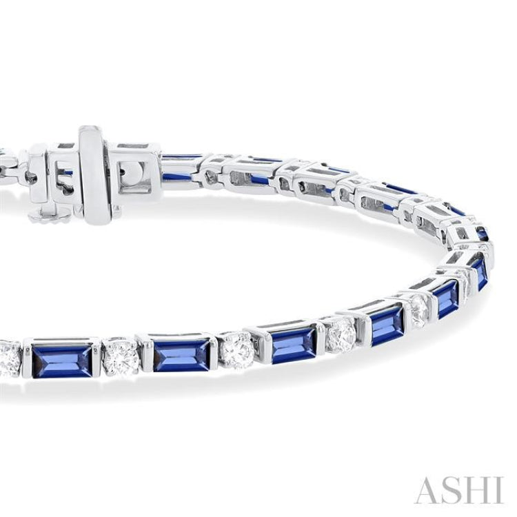 4X2 MM Baguette Cut Sapphire and 1 1/10 Ctw Art Deco Round Cut Diamond Precious Bracelet in 14K White Gold 4X2 MM Baguette Cut Sapphire and 1 1/10 Ctw Art Deco Round Cut Diamond Precious Bracelet in 14K White Gold
