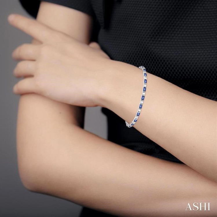 4X2 MM Baguette Cut Sapphire and 1 1/10 Ctw Art Deco Round Cut Diamond Precious Bracelet in 14K White Gold 4X2 MM Baguette Cut Sapphire and 1 1/10 Ctw Art Deco Round Cut Diamond Precious Bracelet in 14K White Gold