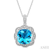 10X10 MM Cushion Shape Blue Topaz and 1/20 Ctw Round Cut Diamond Semi-Precious Pendant With Chain in Sterling Silver