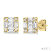 1/6 Ctw Square Shape Baguette and Round Cut Diamond Petite Fashion Earrings in 10K Yellow Gold.