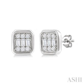 1/5 Ctw Petite Bezel Set Emerald Shape Fusion Baguette and Round Cut Diamond Fashion Stud Earrings in 10K White Gold