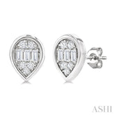 1/5 Ctw Petite Bezel Set Pear Shape Fusion Baguette and Round Cut Diamond Fashion Stud Earrings in 10K White Gold