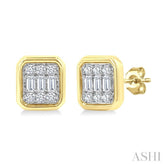 1/5 Ctw Petite Bezel Set Emerald Shape Fusion Baguette and Round Cut Diamond Fashion Stud Earrings in 10K Yellow Gold