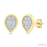 1/5 Ctw Petite Bezel Set Pear Shape Fusion Baguette and Round Cut Diamond Fashion Stud Earrings in 10K Yellow Gold