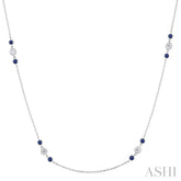 2.25 MM Sapphire and 1/2 Ctw Round Cut Diamond Precious Station Necklace in 14K White Gold