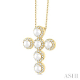 4 MM Round Shape Cultured Pearl and 1/4 Ctw Round Cut Diamond Cross Pendant With Chain in 14K Yellow Gold