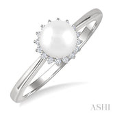 6 MM Round Shape Cultured Pearl and 1/10 Ctw Petite Round Cut Diamond Floral Halo Fashion Ring in 10K White Gold