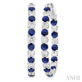 2.9 MM Round Sapphire and 2 5/8 Ctw Round Cut Diamond Inside & Outside Alternating Precious Hoop Earrings in 14K White Gold