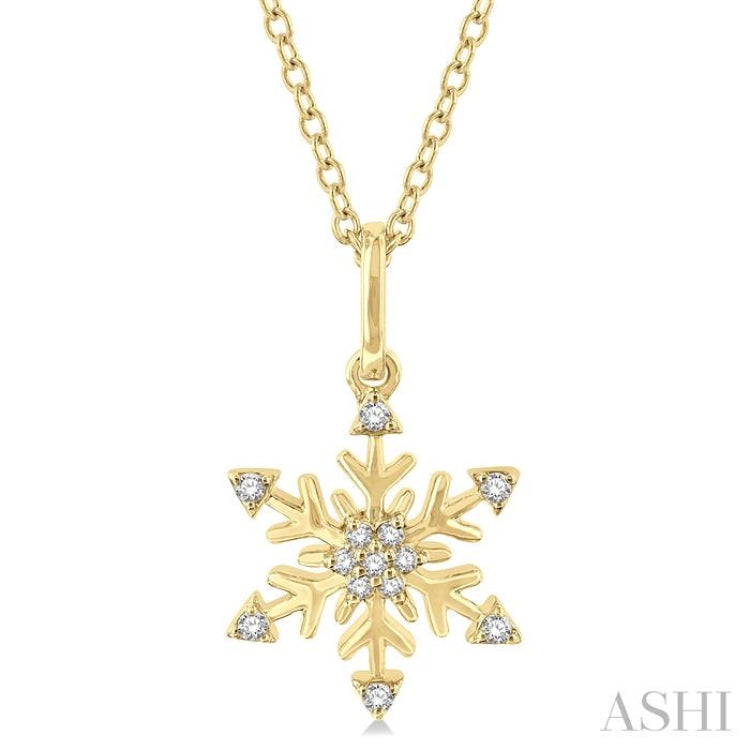 1/10 Ctw Petite Snowflake Round Cut Diamond Fashion Pendant With Chain in 10K Yellow Gold 1/10 Ctw Petite Snowflake Round Cut Diamond Fashion Pendant With Chain in 10K Yellow Gold