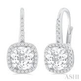 7X7 MM Cushion Cut White Topaz and 1/4 Ctw Round Cut Diamond Halo Semi-Precious Earring in 14K White Gold
