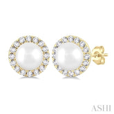 4.5 MM White Cultured Pearl and 1/8 Ctw Round Cut Diamond Halo Stud Earrings in 10K Yellow Gold