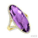 26X10 MM Evoque Gemstones Oval Shape Amethyst and 1/2 Ctw Round Cut Diamond Halo Semi-Precious Ring in 14K Yellow Gold