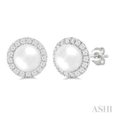 6 MM White Cultured Pearl and 1/4 Ctw Round Cut Diamond Halo Stud Earrings in 14K White Gold