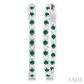 1.6 MM Round Emerald and 1/2 Ctw Round Cut Diamond Inside & Outside Alternating Precious Hoop Earrings in 14K White Gold