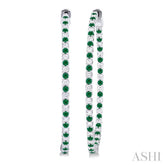 1.6 MM Round Emerald and 1 Ctw Round Cut Diamond Precious Inside-Out Alternating Hoop Earrings in 14K White Gold