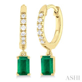 5x3 MM Emerald Cut Emerald and 1/8 Ctw Round Cut Diamond Precious Petite Fashion Huggies in 10K Yellow Gold