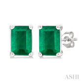 4X3 MM Octagon Shape Emerald Precious Stud Earrings in 14K White Gold