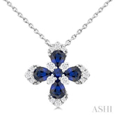 4x3 MM Pear and 2 MM Round Sapphire and 1/6 Ctw Round Cut Diamond Floral Blossom Precious Pendant With Chain in 14K white Gold