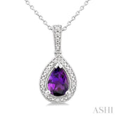 7X5 MM Pear Shape Amethyst and 1/50 Ctw Single Cut Diamond Semi-precious Pendant With Chain in Sterling Silver