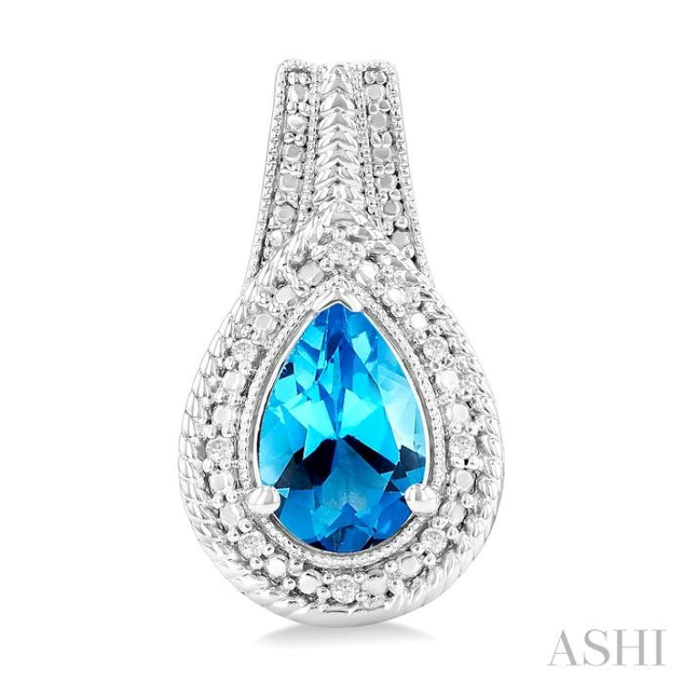 8X5 MM Pear Shape Blue Topaz and 1/20 Ctw Round Cut Diamond Semi-Precious Earrings in Sterling Silver