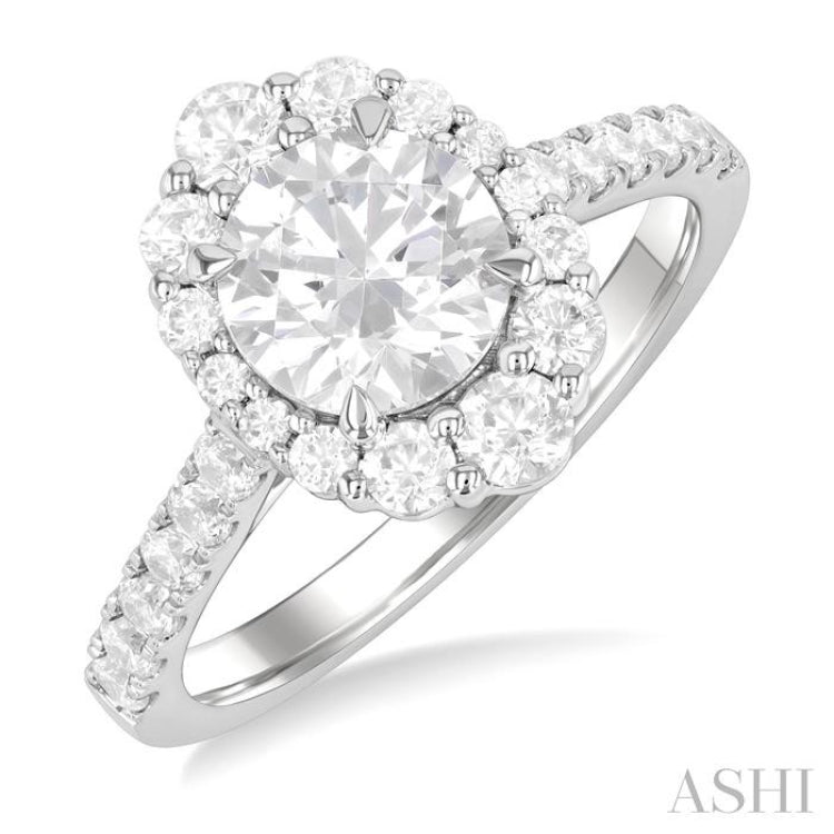3/4 Ctw Scalloped Oval Centerpiece Circular Shape Round Cut Diamond Semi-Mount Engagement Ring in 14K White Gold