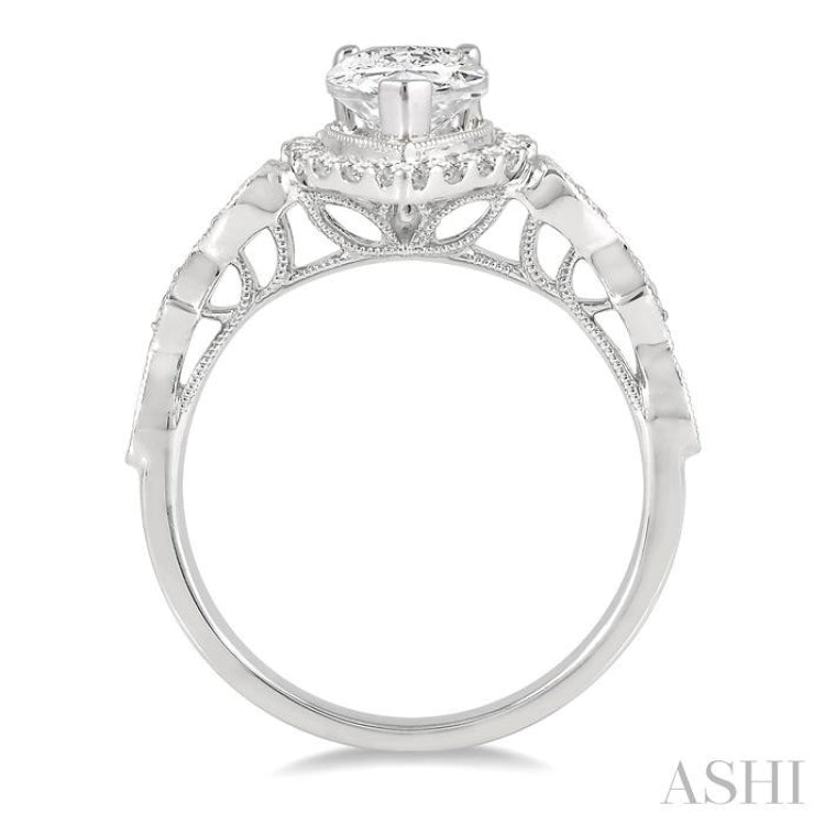 1/3 Ctw Pear Shape Carved Shank Round Cut Diamond Semi-Mount Engagement Ring in 14K White Gold