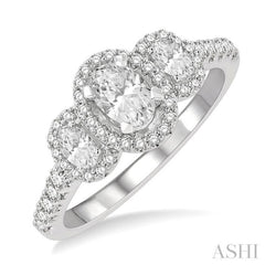1 Ctw Past Present and Future Round Cut Diamond Engagement Ring With 3/8 Ct Oval Cut Center Stone in 14K White Gold