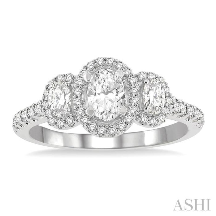 1 Ctw Past Present and Future Round Cut Diamond Engagement Ring With 3/8 Ct Oval Cut Center Stone in 14K White Gold