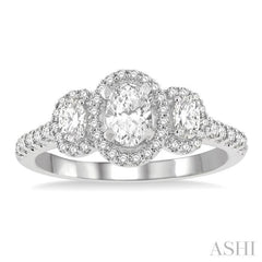 1 Ctw Past Present and Future Round Cut Diamond Engagement Ring With 3/8 Ct Oval Cut Center Stone in 14K White Gold