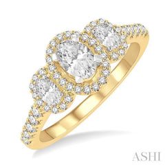 1 Ctw Past Present and Future Round Cut Diamond Engagement Ring With 3/8 Ct Oval Cut Center Stone in 14K Yellow and White Gold