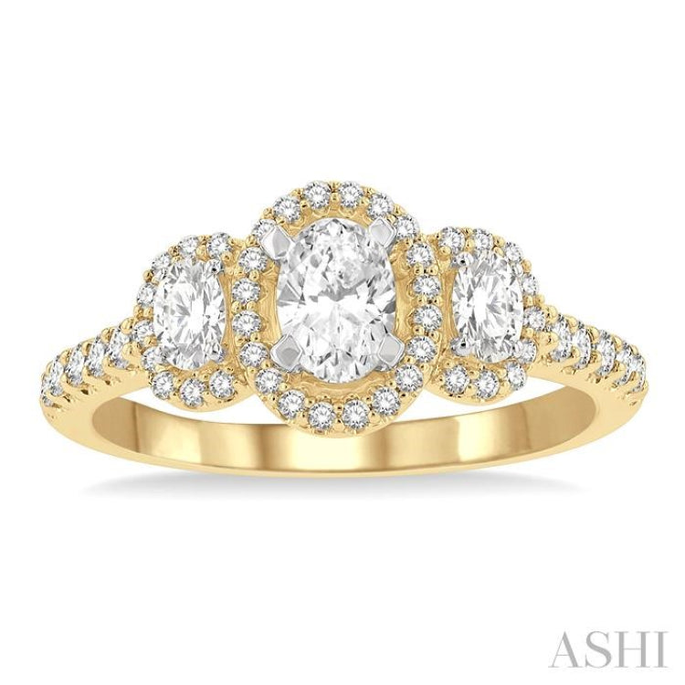 1 Ctw Past Present and Future Round Cut Diamond Engagement Ring With 3/8 Ct Oval Cut Center Stone in 14K Yellow and White Gold