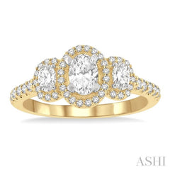1 Ctw Past Present and Future Round Cut Diamond Engagement Ring With 3/8 Ct Oval Cut Center Stone in 14K Yellow and White Gold