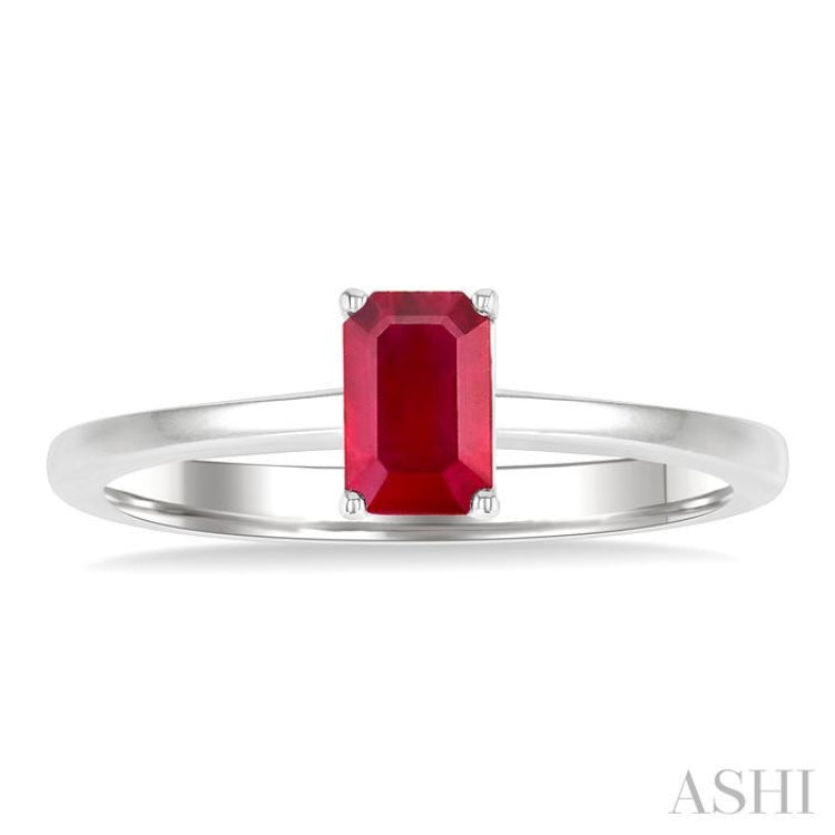 6x4 MM Octagon Shape Ruby Precious Solitaire Ring in 14K White Gold