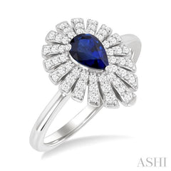 1/3 Ctw Pear Cut 6X4MM Sapphire and Round Cut Diamond Starburst Precious Ring in 14K White Gold
