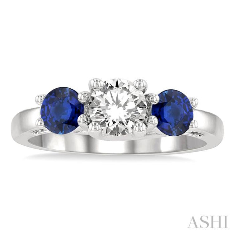 4.65 MM Round Shape Sapphire and 3/4 Ctw Past Present and Future Round Cut Diamond Precious Ring in 14K White Gold