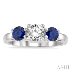 4.65 MM Round Shape Sapphire and 3/4 Ctw Past Present and Future Round Cut Diamond Precious Ring in 14K White Gold
