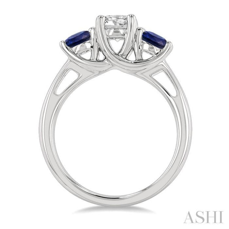4.65 MM Round Shape Sapphire and 3/4 Ctw Past Present and Future Round Cut Diamond Precious Ring in 14K White Gold