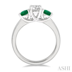 3.90 MM Round Shape Emerald and 1/2 Ctw Past, Present and Future Round Cut Diamond Precious Ring in 14K White Gold