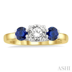 4.30 MM Round Shape Sapphire and 5/8 ctw Past, Present and Future Round Cut Diamond Precious Ring in 14K Yellow and White Gold