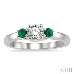 2.70 MM Round Shape Emerald and 1/3 Ctw Past, Present and Future Round Cut Diamond Precious Ring in 14K White Gold