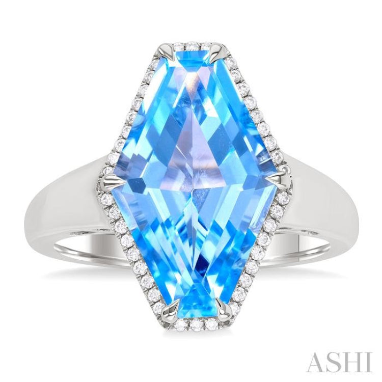16x10 MM Hexagon Shape Blue Topaz and 1/10 Ctw Round Cut Diamond Halo Semi-Precious Ring in 14K White Gold