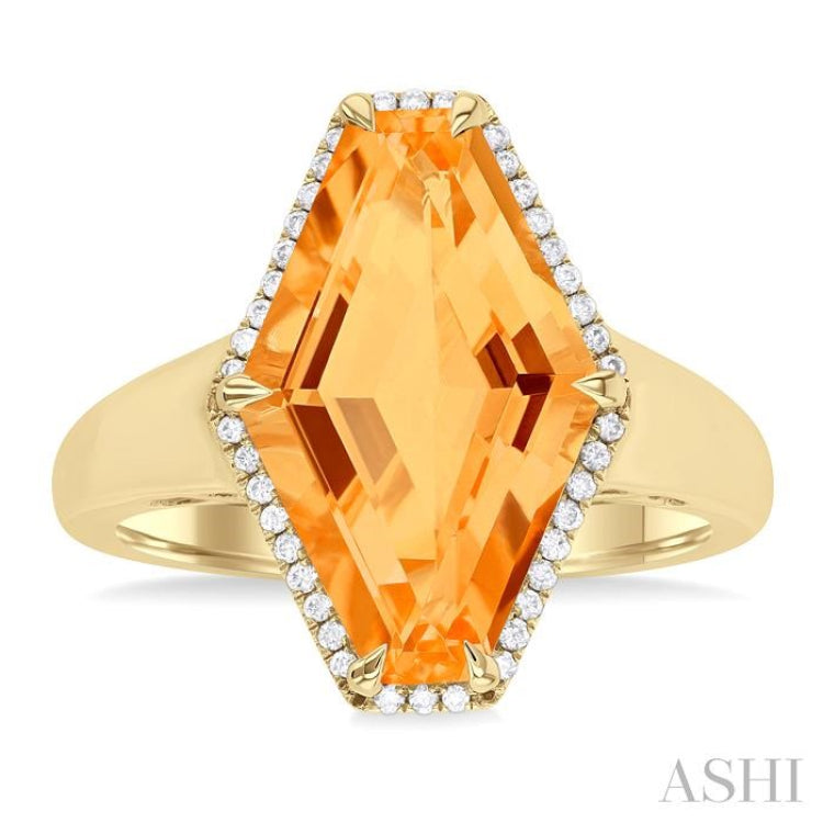 16x10 MM Hexagon Shape Citrine and 1/10 Ctw Round Cut Diamond Halo Semi-Precious Ring in 14K Yellow Gold